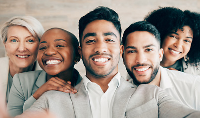 Image showing Selfie, businessman and smile for company diversity, team collaboration and professional happiness in workplace. Group, people and portrait for about us web post on social media or corporate website