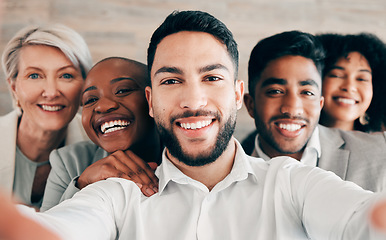 Image showing Business, people and smile for company selfie with diversity, team collaboration or professional happiness in workplace. Group, businessman or portrait for about us web post on social media website
