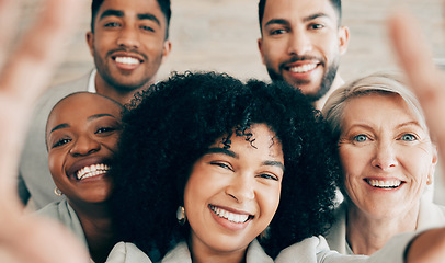 Image showing Business, selfie and smile for company diversity, team collaboration and professional happiness in workplace. Group, portrait or pov of people in office for about us web social media post or website