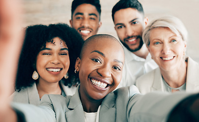 Image showing Selfie, business and smile for company diversity, team collaboration and professional happiness in workplace. Group, people and portrait for about us web post on social media, website or black woman