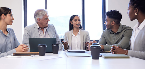 Image showing Teamwork, planning and discussion with business people in meeting for conference, diversity and feedback. Collaboration, agenda and growth with employees in office for conversation and brainstorming