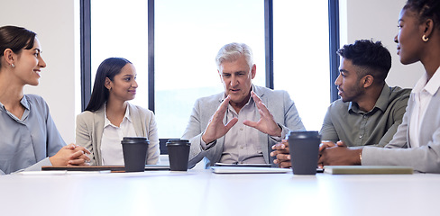 Image showing Teamwork, mentor and ceo with business people in meeting for planning, diversity and feedback. Collaboration, agenda and growth with employees in office for conversation, conference and strategy