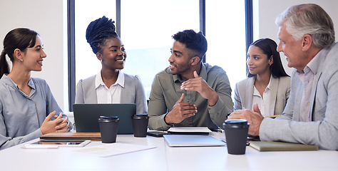 Image showing Teamwork, planning and collaboration with business people in meeting for conference, diversity and feedback. Strategy, agenda and growth with employees in office for conversation and brainstorming