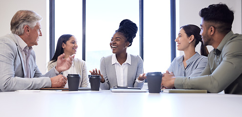 Image showing Teamwork, planning and strategy with business people in meeting for conference, diversity and feedback. Collaboration, agenda and growth with employees in office for conversation and brainstorming