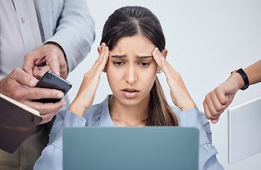 Image showing Business, stress and woman overwhelmed by work, phone call and time management in professional company. Businesswoman, anxiety and frustrated working boss, manager or entrepreneur multitasking