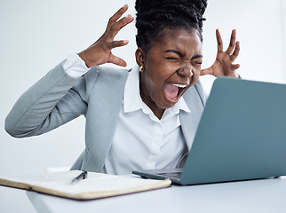 Image showing Business, screaming and black woman with a laptop, stress and angry with burnout, glitch and error. Female person, consultant and employee with a pc, technology and anger with mistake and shouting