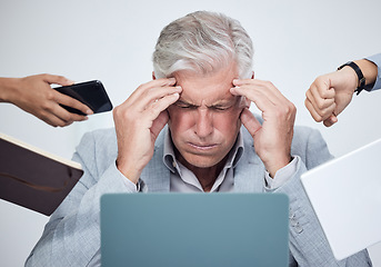 Image showing Mature businessman, stress and overwhelmed by work, phone call and time management in professional company. Senior man, anxiety and frustrated working ceo, manager or entrepreneur multitasking