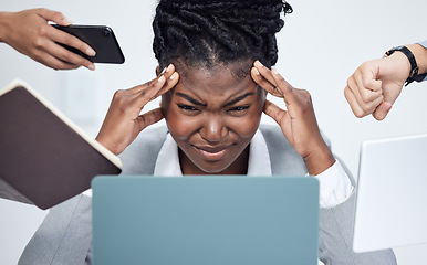 Image showing Black woman, work and overwhelmed by business stress, phone call or time management in professional company. Person, anxiety and frustrated employee, working manager or boss multitasking and burnout