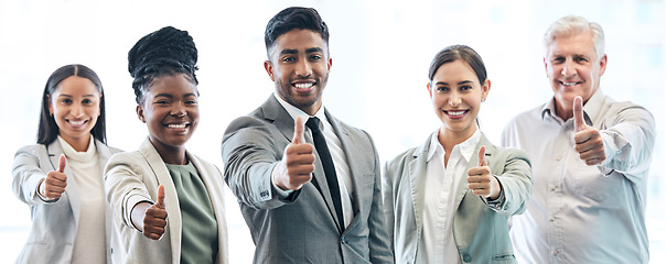 Image showing Business people, portrait and thumbs up for winning, success or corporate banner in teamwork at office. Businessman and happy group with thumb emoji, yes sign or like for team approval at workplace