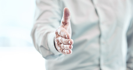 Image showing Businessman, handshake and meeting for hiring, welcome or introduction at the workplace. Hand of man employer shaking hands for business deal, recruiting or greeting at the office