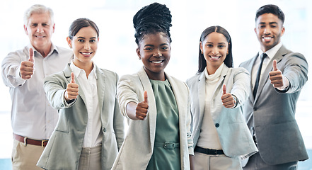 Image showing Business people, portrait and thumbs up for winning, diversity or teamwork success at office. Black woman with diverse happy group with thumb emoji, yes sign or like for team approval at workplace