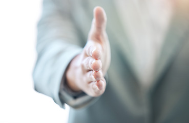 Image showing Businessman, handshake and meeting for introduction, hiring or welcome in thank you at the office. Hand of man employer shaking hands for b2b agreement, deal or teamwork in recruiting at workplace