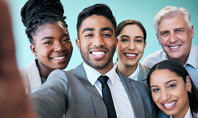 Image showing Business people, face and portrait smile for selfie, profile picture or online post at office. Group of happy corporate workers smiling in photo, memory or team building and social media at workplace