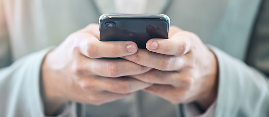 Image showing Businessman, phone and hands in communication on banner for typing or networking at office. Hand of man texting or chatting on mobile smartphone app for business, online chat or email at workplace