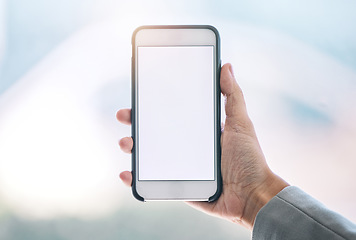 Image showing Person, phone and hands with mockup screen for advertising, marketing or social media at office. Hand holding mobile smartphone or app with mock up or copy space display for advertisement or branding