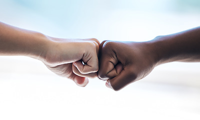 Image showing Fist bump, partnership and thank you with business people in agreement over a deal during a b2b meeting. Trust, support and collaboration with diverse colleagues greeting to say welcome while meeting