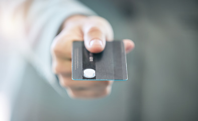 Image showing Hand, credit card and payment with a business person closeup for fintech banking or accounting. Finance, money and economy with a corporate employee paying using a bank service for saving wealth