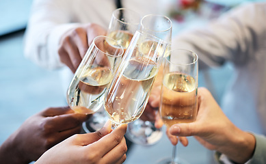 Image showing Champagne, toast and business people at an office party in celebration of success together closeup. Hands, glass and cheers with a team or group of colleagues in the workplace to celebrate a goal