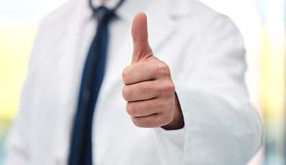 Image showing Thumbs up, success and doctor for healthcare support, thank you or excellence for hospital services. Health, medical professional or person with like, yes and ok hand or emoji for winning or results