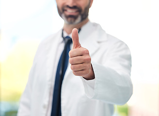 Image showing Thumbs up, success and happy doctor for healthcare support, thank you or excellence for hospital services. Health, medical professional or person like, yes and ok hand or emoji for winning or results