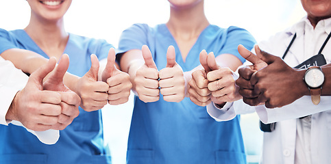 Image showing Thumbs up, success and doctors for teamwork, healthcare support and excellence in hospital services. Nurses, medical diversity and group of people people like, yes and thank you or ok hands or emoji