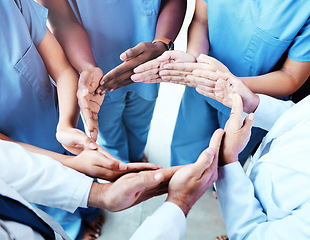 Image showing Circle, connection and doctors hands together in healthcare workflow, group support and team cooperation or synergy above. Integration, health formation and nurses, medical people or surgeon teamwork