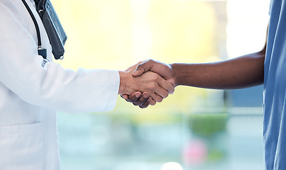 Image showing Handshake, nurse and doctor for meeting, teamwork and thank you, congratulations or healthcare achievement. Diversity, together sign and medical people shaking hands for clinic support or thanks