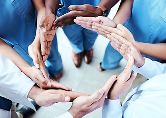 Image showing Circle, connection and nurses hands together in healthcare workflow, group support and team cooperation or synergy above. Integration, health formation and doctors, medical people or surgeon teamwork