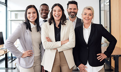 Image showing Happy, confidence and group of business people in the office for teamwork, collaboration and diversity. Happiness, smile and professional employees standing with a corporate manager in the workplace.