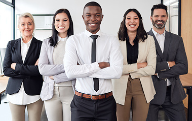 Image showing Success, crossed arms and team of business people in the office for teamwork, collaboration and diversity. Happiness, smile and professional employees standing with corporate manager in the workplace