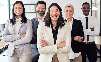 Image showing Happy, crossed arms and portrait of business people in office with confidence for teamwork and collaboration. Diversity, professional and group of employees with corporate manager in the workplace.