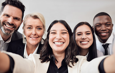 Image showing Selfie, teamwork and portrait with business people in office for social media, networking and friends. Collaboration, happy and solidarity with employee for diversity, team building and partnership