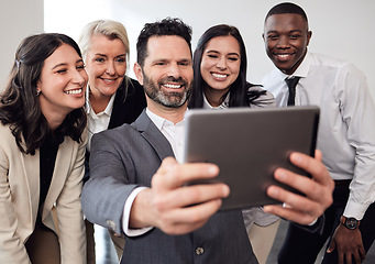 Image showing Selfie, tablet and friends with business people in office for social media, networking and teamwork. Collaboration, happy and solidarity with employee for diversity, team building and partnership