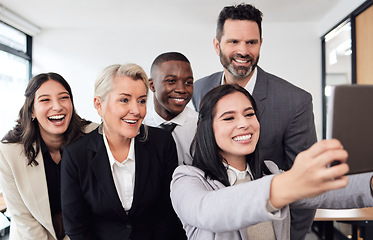 Image showing Selfie, teamwork and tablet with business people in office for social media, networking and friends. Collaboration, happy and solidarity with employee for diversity, team building and partnership