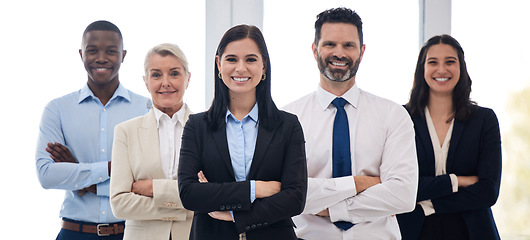 Image showing Portrait, management and arms crossed with a business team standing together in their professional office. Collaboration, teamwork and leadership with a group of colleagues looking confident at work