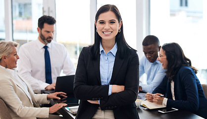 Image showing Portrait, staff and woman with arms crossed, business and leadership with confidence, career or professional. Face, female person or executive teamwork with group, professional or planning with smile