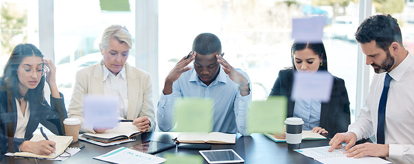 Image showing Meeting, planning and stress with a business team in a boardroom for strategy during a financial crisis. Finance, compliance or regulations with a group of colleagues in an office for problem solving