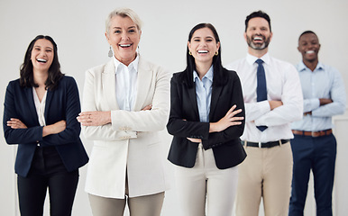 Image showing Portrait, leadership and an arms crossed business woman together with her team in a professional office. Collaboration, teamwork and management with a group of colleagues looking confident at work