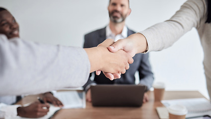 Image showing Meeting, handshake and closeup with business women in the boardroom for a b2b partnership or deal. Thank you, support and welcome with colleagues shaking hands in agreement while planning at work