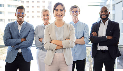 Image showing Business, team and portrait with arms outdoor at office with happiness, diversity for working in startup. Professional, group and arm with smile on a balcony at a company with employee in workplace.