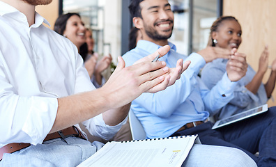 Image showing Audience, business people and clapping for success at a conference, seminar or corporate workshop. Professional men and women group applause in happy crowd for convention, training and presentation