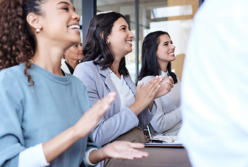 Image showing Business people, applause and audience at a conference, seminar or corporate workshop. Professional women group clapping hands in crowd for convention, training and presentation or trade show success