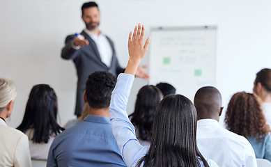 Image showing Presentation, questions and hand with business people in meeting for conference, seminar and audience. Strategy, feedback and training with employees in office for speaker, planning and learning