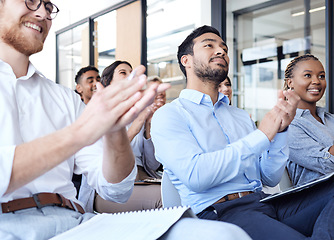 Image showing Applause, business people and audience at a conference, seminar or corporate workshop. Professional men and women group clapping in happy crowd for convention, training event and presentation success