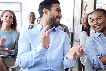 Image showing Business people, clapping hands and audience in conference, seminar or corporate workshop. Professional men and women diversity group talk or applause for convention, training or presentation success