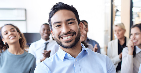 Image showing Businessman, smile and portrait of audience at a conference, seminar or corporate workshop. Professional men and women group together in crowd for convention, training and presentation or trade show