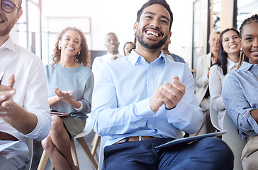 Image showing Business people, laughing and audience applause at a conference, seminar or corporate workshop. Professional men and women group together in crowd for convention, training and presentation success