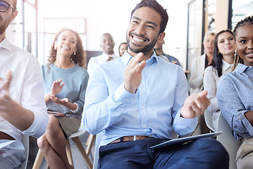 Image showing Applause, business man and audience at conference, seminar or corporate workshop. Diversity men and women clapping hands in crowd for convention, training and presentation success or achievement