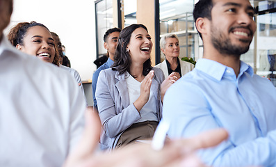 Image showing Business people, clapping and audience at a conference, seminar or corporate workshop. Professional men and women group applause in happy crowd for convention, training and presentation success