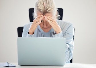 Image showing Headache, laptop and business woman reading report, fail or online mistake, sad news or career problem. Stress, confused and professional boss or person with depression on laptop for email or results